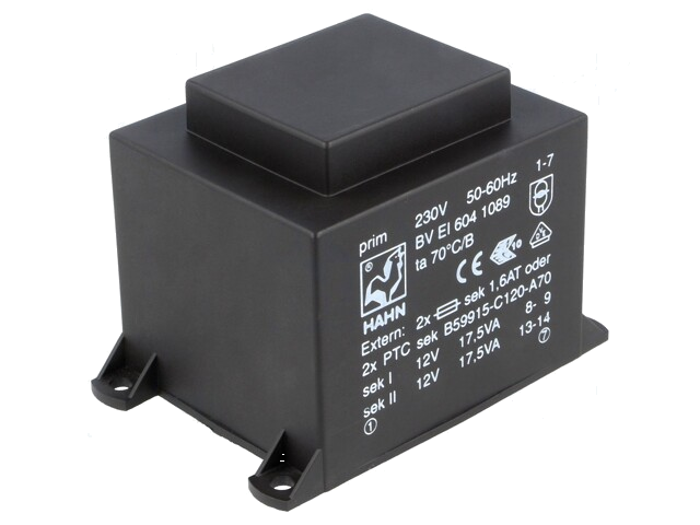 Transformator: ingegoten; 35VA; 230VAC; 12V; 12V; 1458mA; 1458mA Transformator: ingegoten; 35VA; 230VAC; 12V; 12V; 1458mA; 1458mA